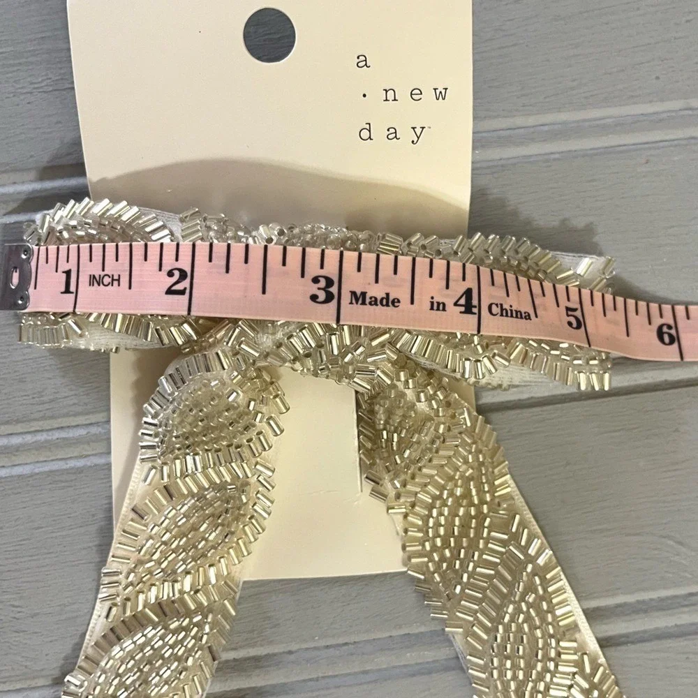 A New Day Silver Beaded Ivory Ribbon Hair Clip And Twister Scarf Set NWT